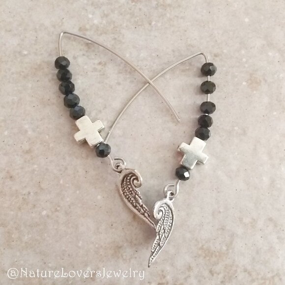 Angel Wings & Cross Dangle Earrings! Goth! Grief Loss Pain! Lightweight!!! - Picture 1 of 6